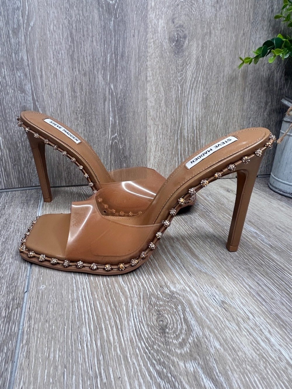 Steve Madden Clear Strap Studded Heels – Nude Tan – Size 11M